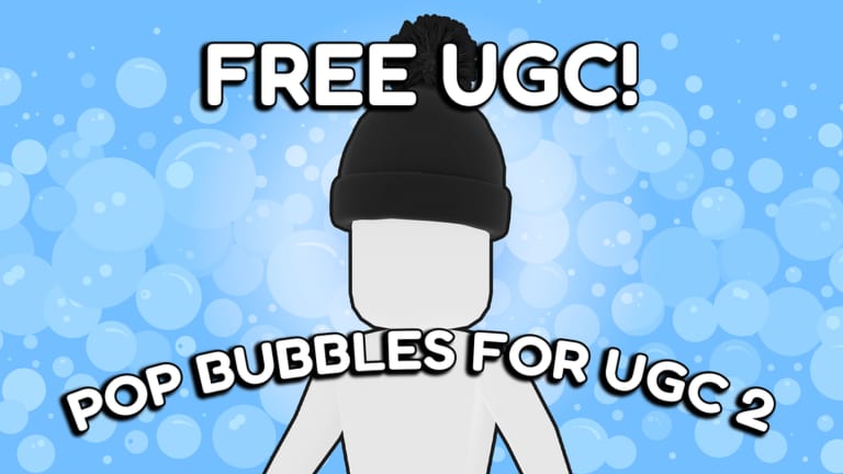 Miniatura oficial de Pop Bubbles for UGC 2: avatar de Roblox con gorro negro sobre fondo azul de burbujas
