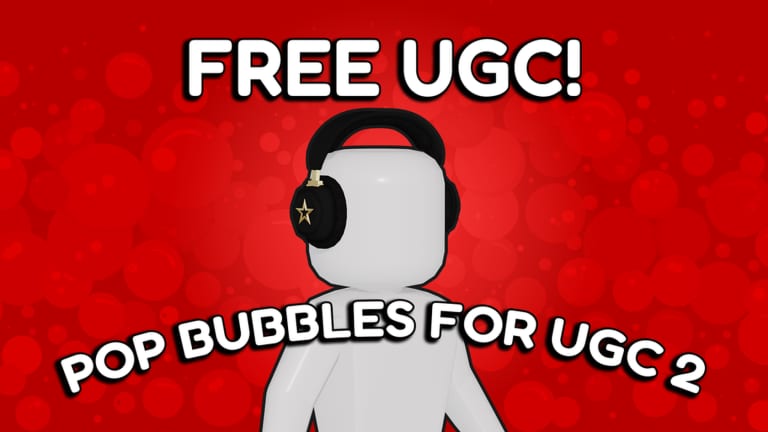 Miniatura oficial de Pop Bubbles for UGC 2: avatar de Roblox con Star Headphones sobre fondo rojo de burbujas